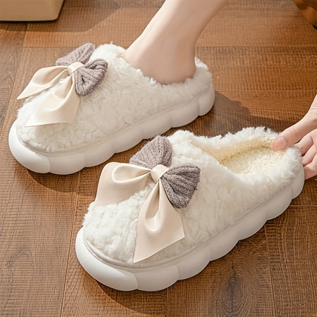 

KCKTHDN Cute Bowknot Decor Platform House Slippers For Women Men Indoor And Outdoor Cute Fuzzy Slippers Warm Plush Bedroom Shoes Winter Gifts For Women