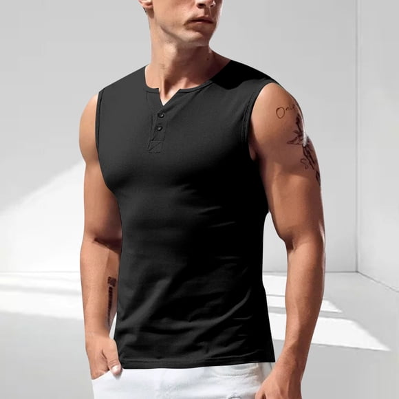 pstuiky Camisetas sin mangas para hombre, Top deportivo informal de malla de color sólido para hombre, transpirable, sin mangas, cuello redondo, medio botón Chaleco de hombre l
