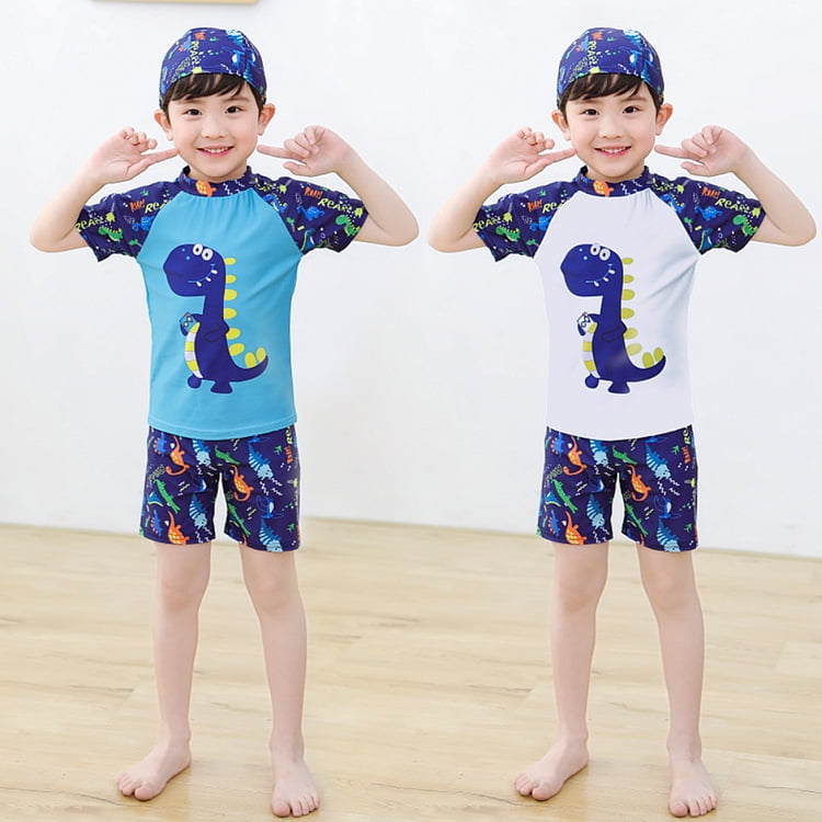 Volkmi Boys split swimsuit 3 13 years old cartoon swimsuit swimming trunks swimming cap three piece surf suit white with cap XXXL 10 13Y