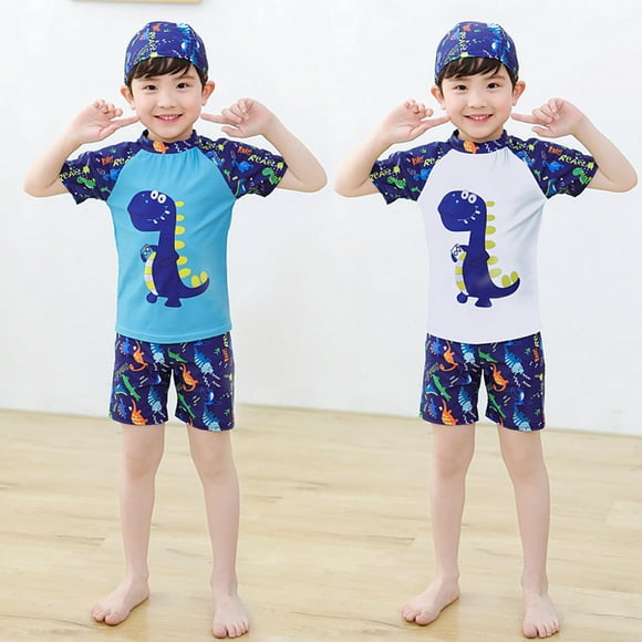 Volkmi Boys Split Swimsuit 3-13 Years Old Cartoon Swimsuit + Swimming Trunks + Swimming Cap Three-piece Surf Suit Blue (with Hat) _XL_6-7Y