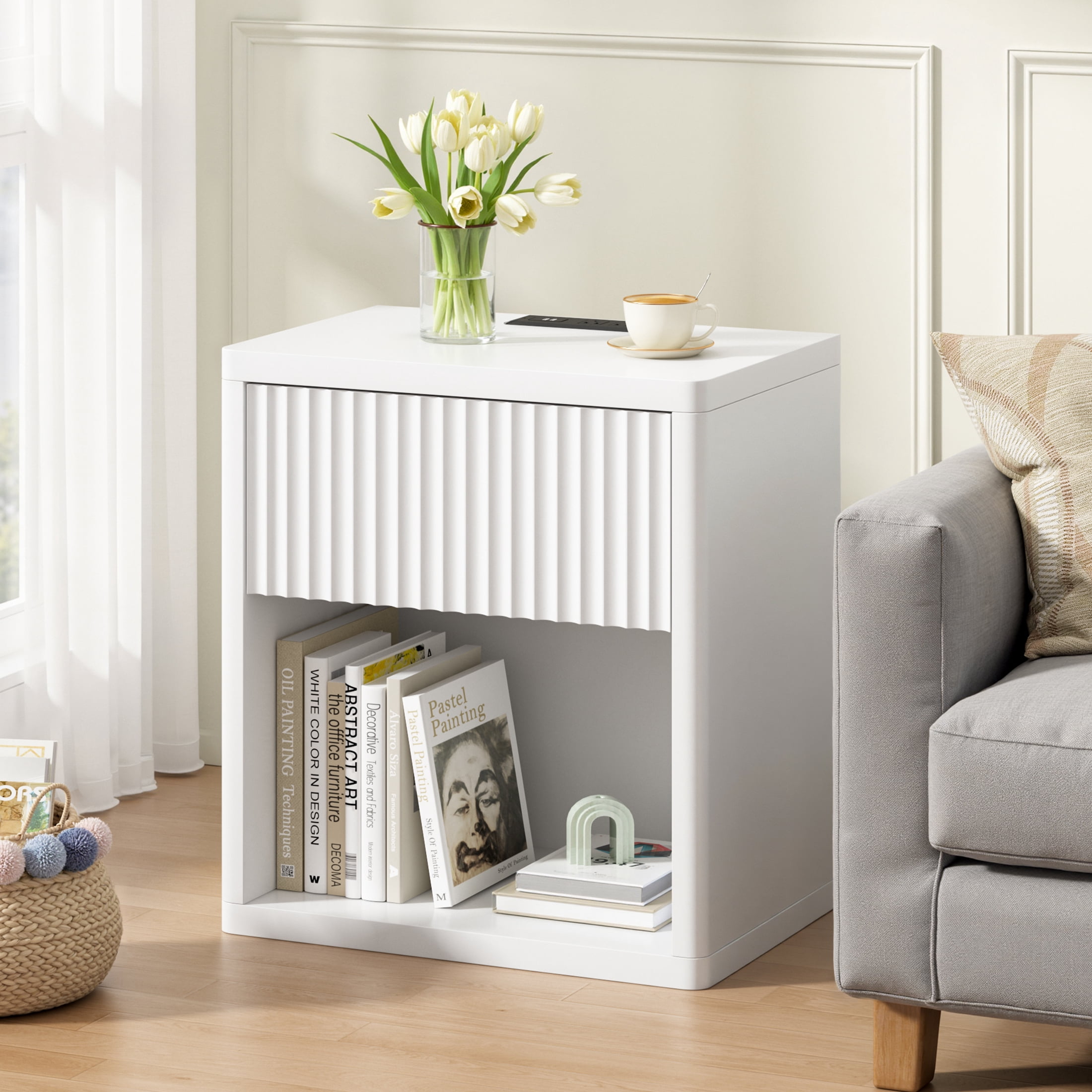 POLAHAKU Nightstand with Drawer USB Charging Station Storage Fluted Bed Side Table End Table Large Modern Wide Bedside Stand Mid Century for Bedroom Living Room Sofa Couch, White