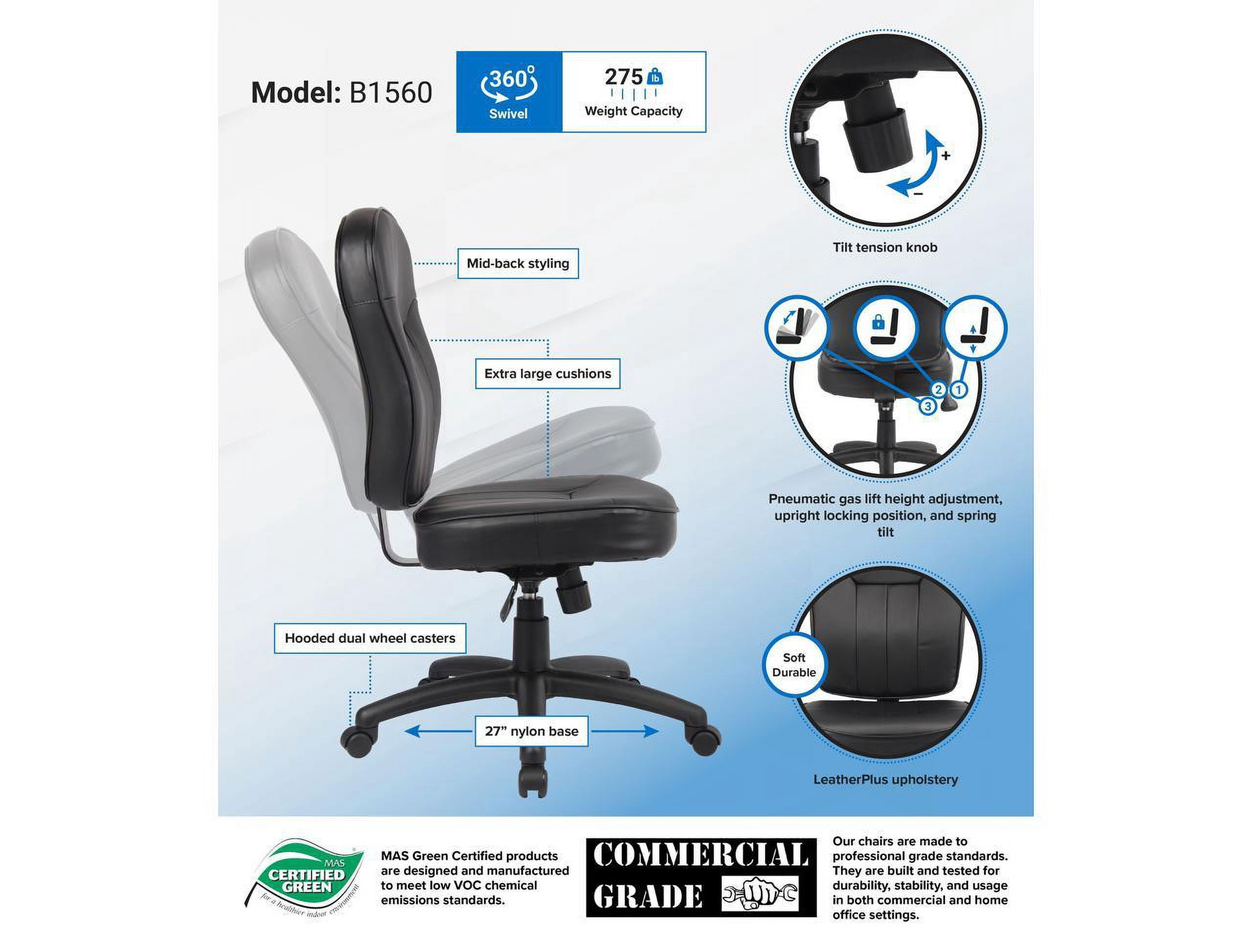 Boss Office Products LeatherPlus Task Chair with Casters, Black