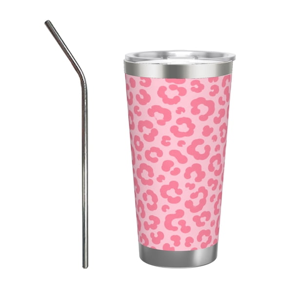 Pink Leopard Print 20oz Insulated Tumbler with Handle and Straw Travel Coffee Cup Car Cup Gift for Women with Stainless Steel Straw