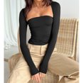 thumbnail image 4 of Conjunto de 2 piezas de top con hombros descubiertos, color liso, ajustado, con hombros descubiertos, camiseta sin mangas de manga larga para mujer, color negro M, 4 of 12