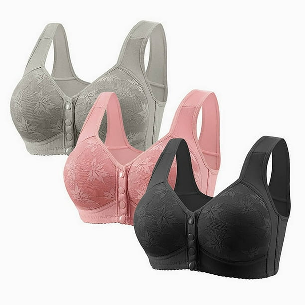 Karight 3 Pack Bras for Older Women Front Closure No Underwire Push up Bralettes Soft Floral Print Sleep Everyday Bra