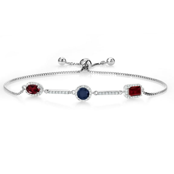 Gem Stone King Keren Hanan 925 Sterling Silver 3 Stone Moissanite Fully Adjustable Bracelet for Women Oval Round Octagon Rhodolite Garnet Sapphire and Garnet (2.23 Cttw)