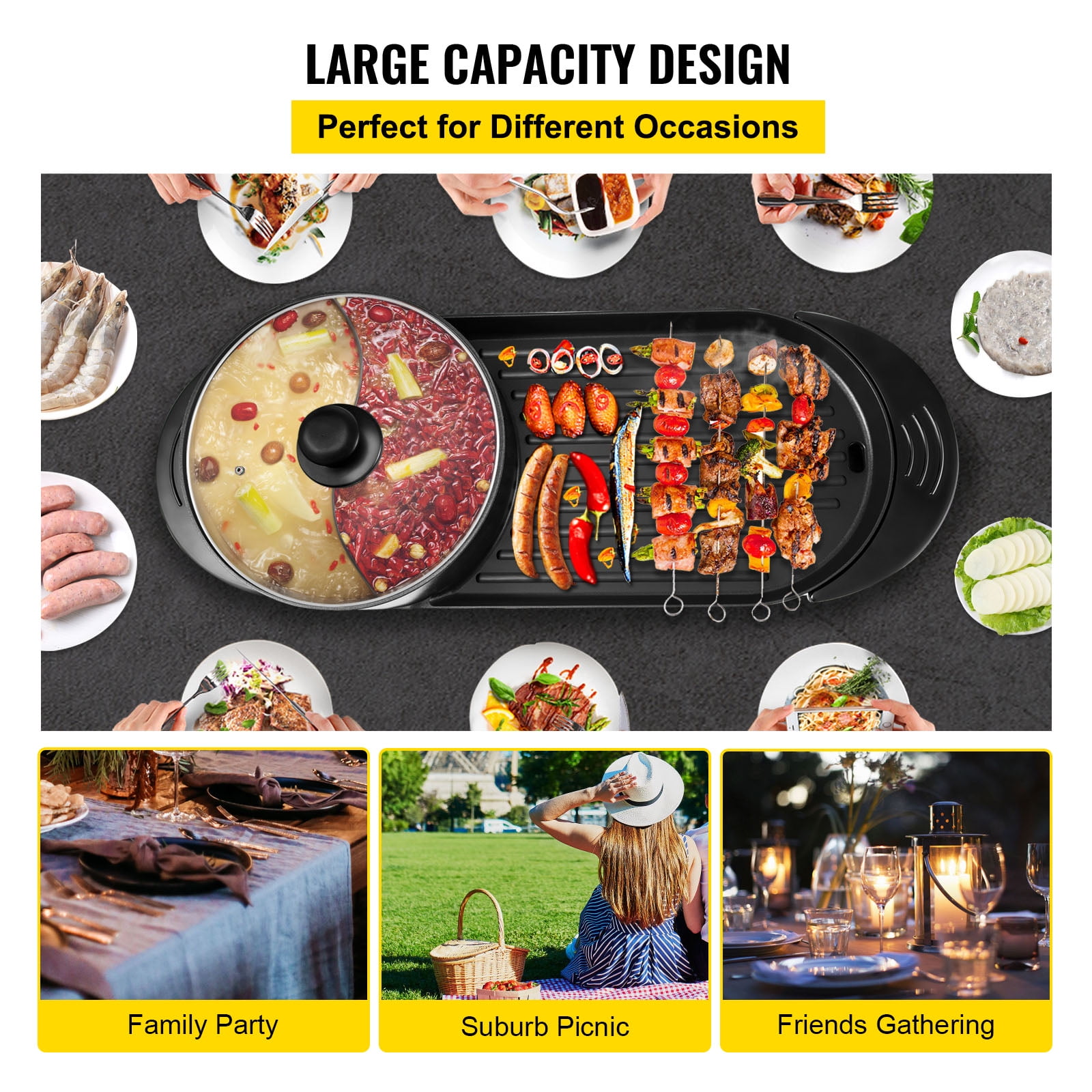 Tomfoto Electric Grill Pan 2 Speed Household Multifunctional Small 2L Hot Pot Barbecue One Pot 1200W High Power Dormitory Mini Barbecue Machine, Size