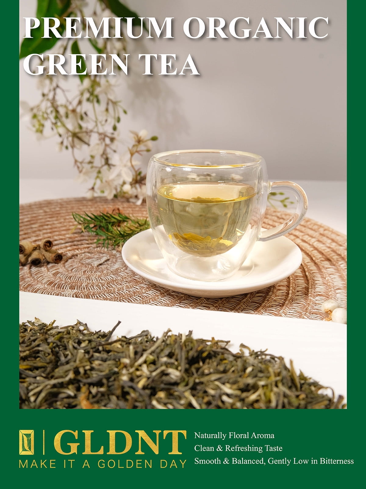GLDNT Organic Green Tea, Loose Leaf, High Mountain, Smooth & Delicate Flavor, Caffeinated, 16oz
