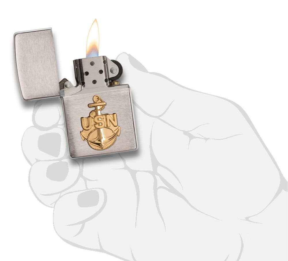 Zippo United States Navy Emblem Brushed Chrome Pocket Lighter