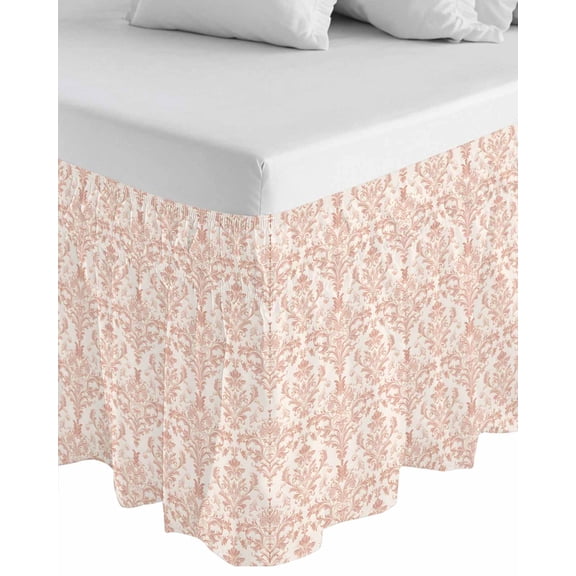 Pink Flowers Wrap Around Bed Skirts for Queen Bed 18" Drop,Bed Skirt with Adjustable Elastic Belt Dust Ruffle Bed Valance for Bedroom Hotel Baroque Scroll Floral Damask Pattern Art Bed Frame Cover