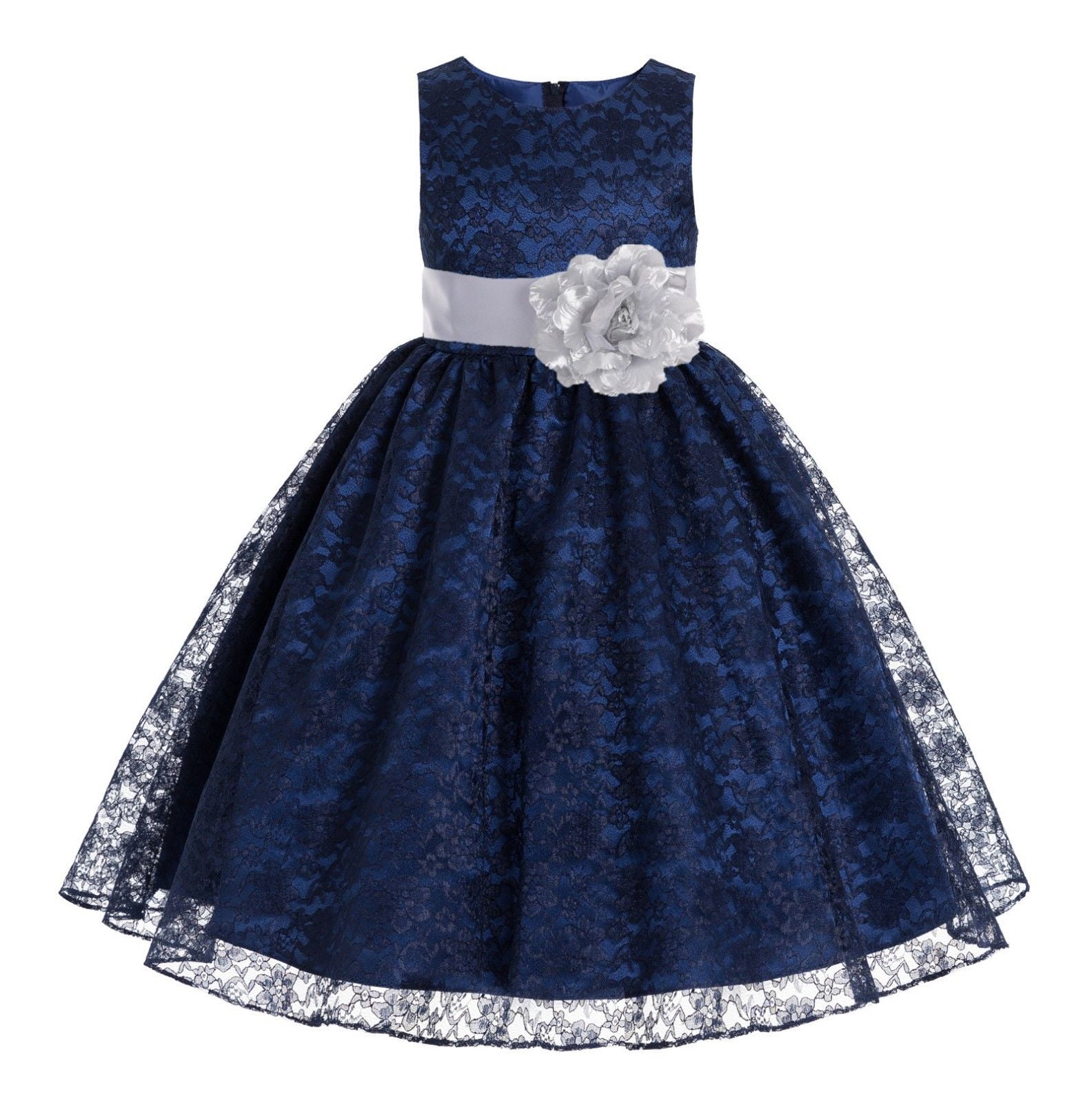 Navy Blue Floral Lace Overlay Formal Flower Girl Dress Pageant 163S
