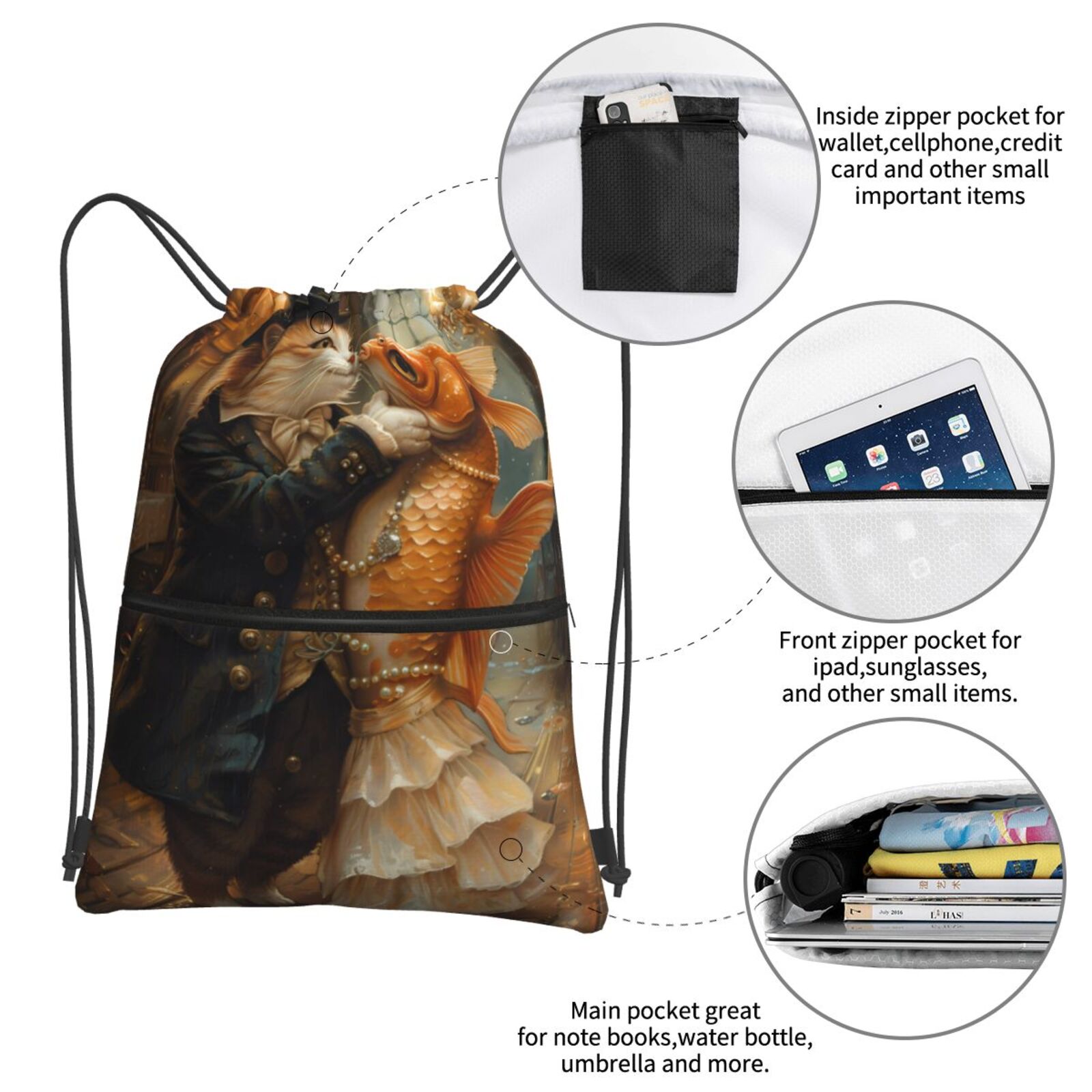 Xecao Cat Fish Dance Vintage for Drawstring Bags,Pull String Backpack Bags,String Bag Sackpack
