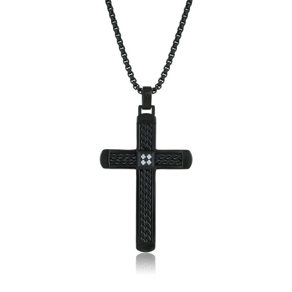 Black Ion Plated Stainless Steel Braided Cross Pendant with Diamond Accent - 24 Inch Round Box Chain