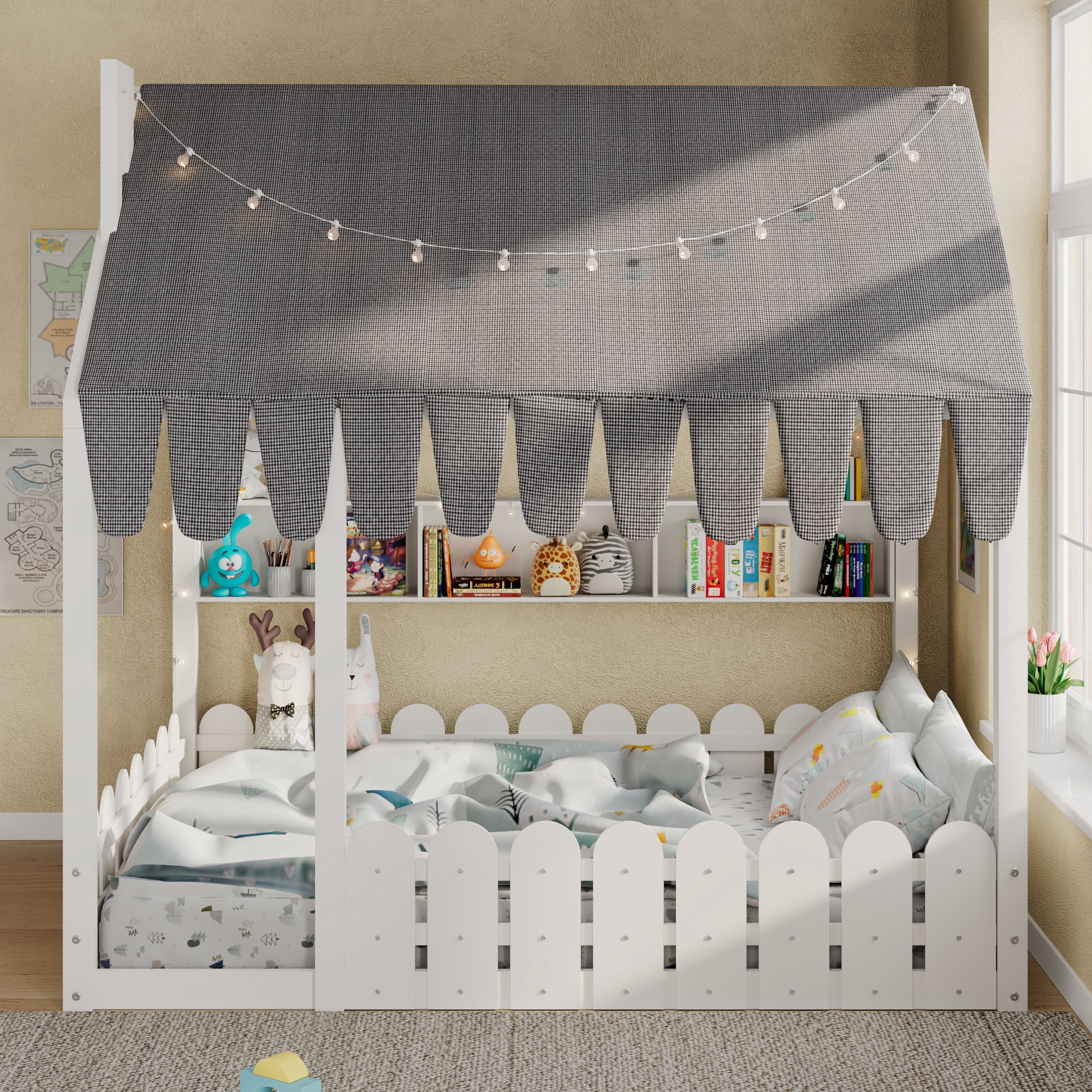 Aukfa Full Size House Bed with Fence and Tent for Kids, Wooden Montessori Bed with LED Lights & Storage Shelves for Toddler Boys and Girls Bedroom, White