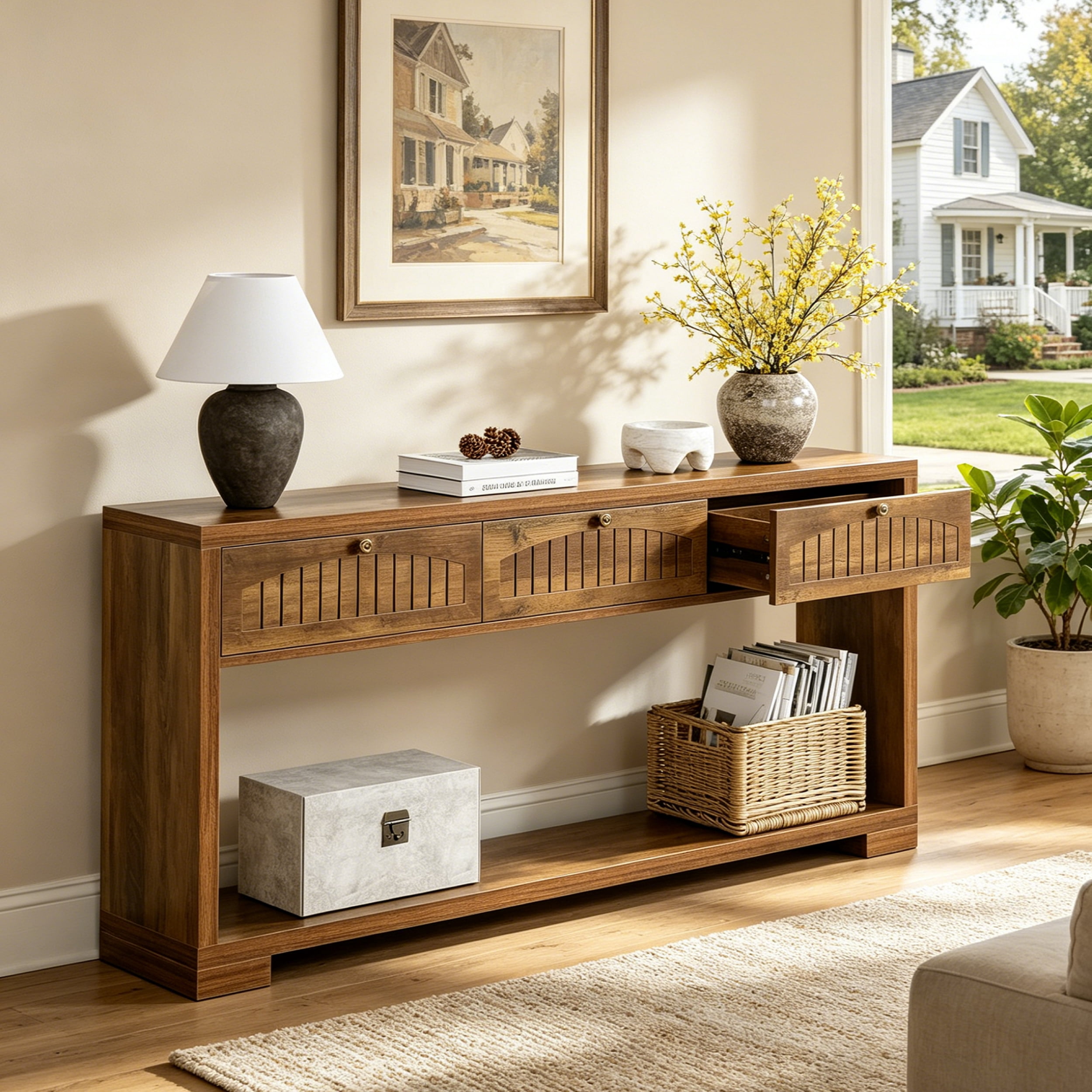 Fnova 70.8" Farmhouse Console Table, 3-Drawer Narrow Entryway Table with Open Shelf, Long Narrow Sofa Table for Living Room, Hallway, Foyer