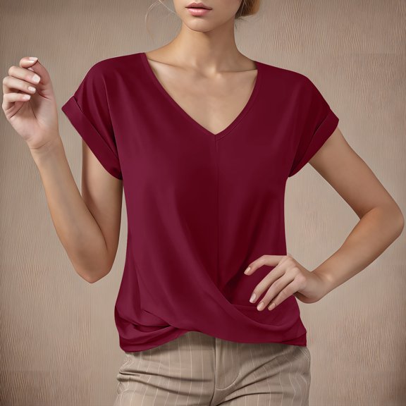 Itsame Summer Short Shirt Sleeved for Womens T-Shirt Tops Solid Color V-neck Blouses Wine Size 3XL
