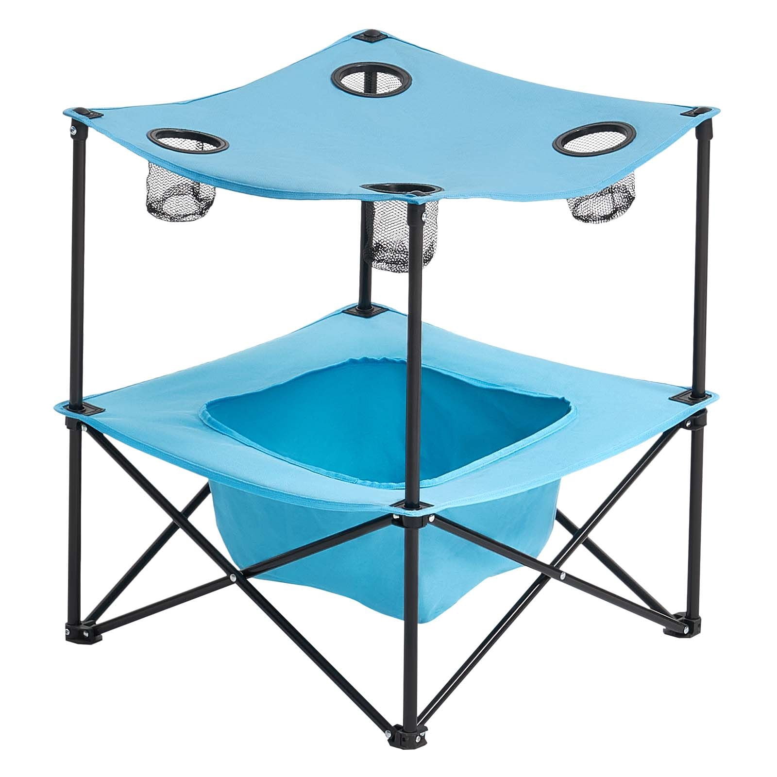 Folding Camping Table, Portable Outdoor Lightweight Picnic Table, 600D Oxford Fabric Waterproof Canvas Travel Beach Tables, with 4 Cup Holders, Carry Bag, for Tailgating Camping Picnic, Blue