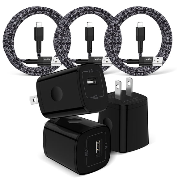 Zacenei USB Wall Charger,3Pack iPhone Charging Cables 6FT Data Sync Charger Cable w/ 3Pack USB Charger Block Travel Plug Adapter Fast Charging Block Power Cords Compatible for iPhone 14/13/12/11