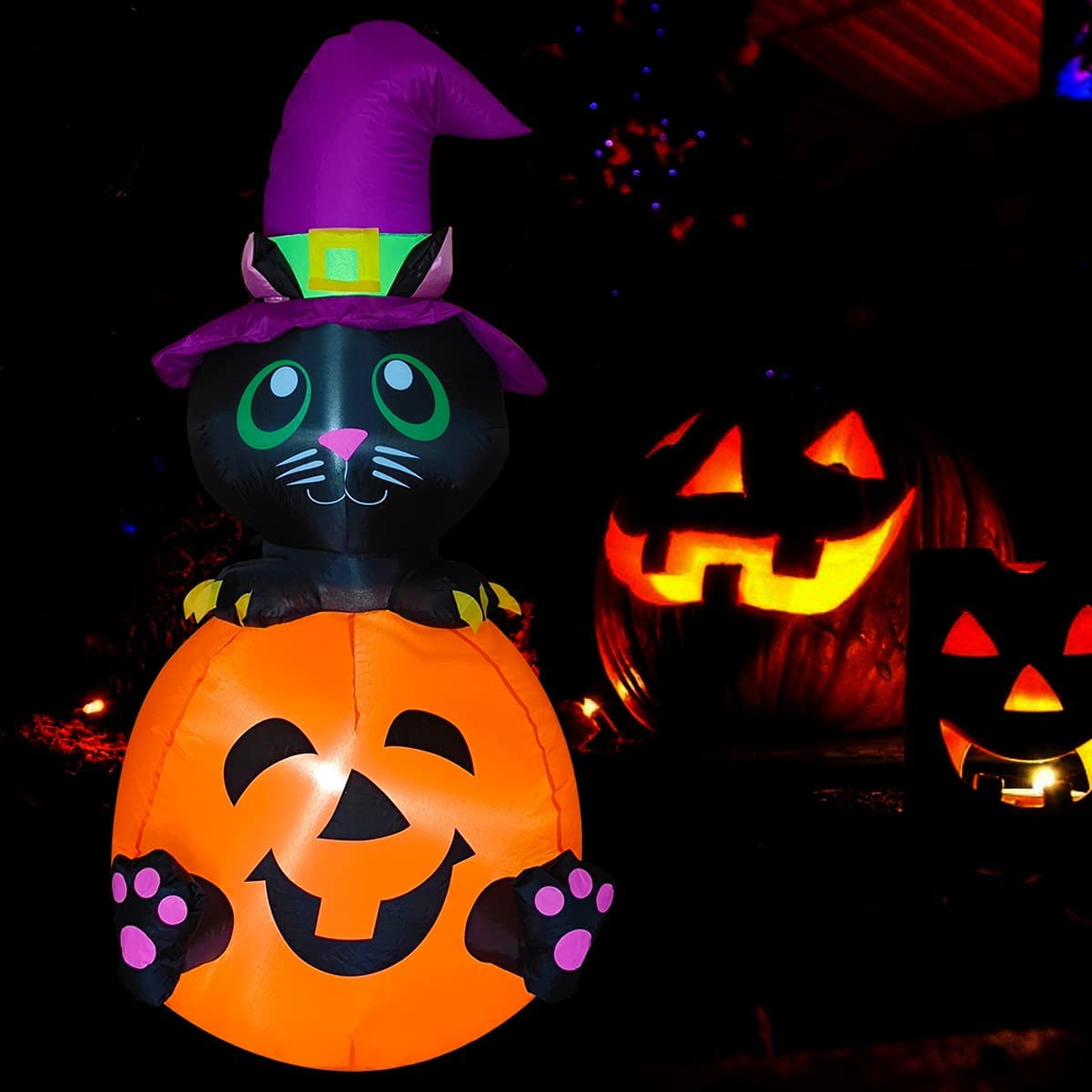 Décoration Gonflable Halloween 250 Cm - Chat Noir, Citrouilles, Tombe, Avec LED Intégrées, Pour Jardin Ou Terrasse