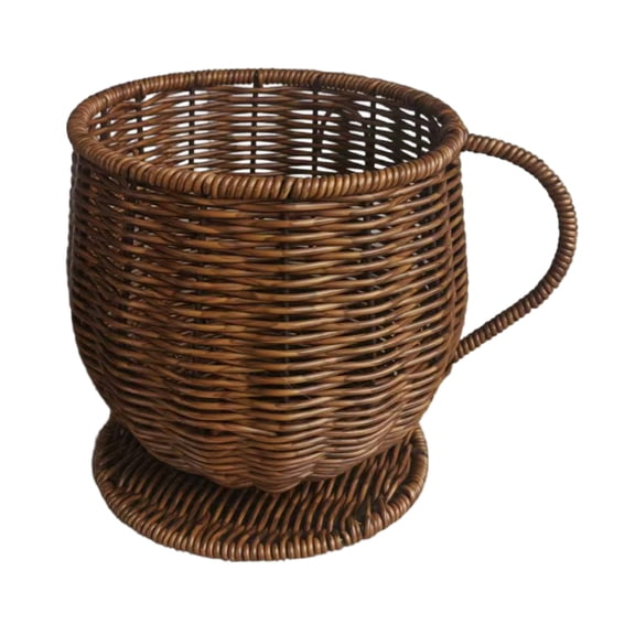 Imitation Rattan Coffee Cup Shaped Storage Basket with Handle and Base – Decorative Woven Organizer for Coffee Bar Countertop, Small Item Storage, Versatile Home Decor