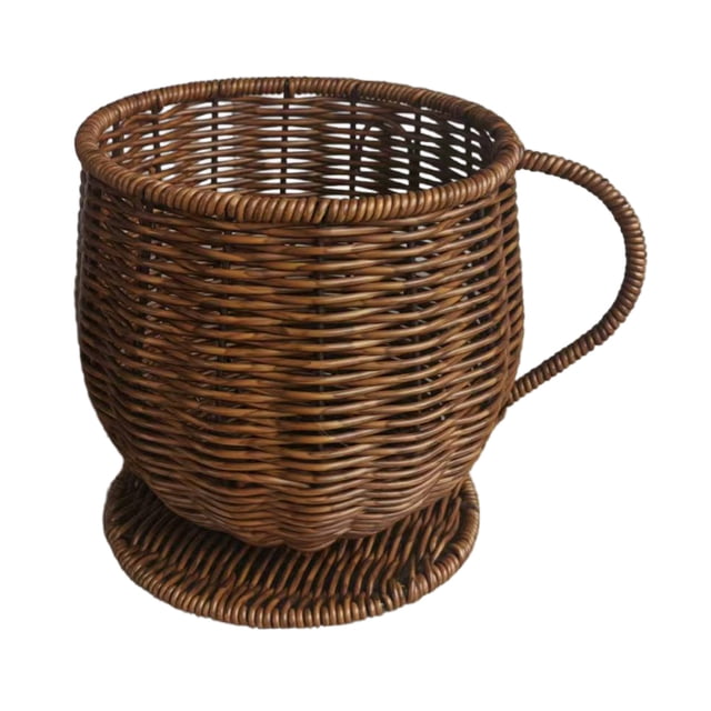 Imitation Rattan Coffee Cup Shaped Storage Basket with Handle and Base, Decorative Woven Countertop Organizer for Small Items, Kitchen and Bar Accessory