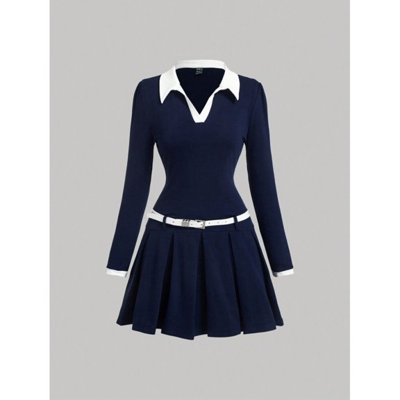 Navy Blue Long Sleeve Knit Dress With White Collar And Belted Waist