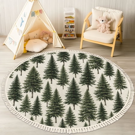 Washable Non Slip 4ft Round Rug Green Pine Tree Forest White Circle Area Rugs with Tassels Carpet for Nursery Bedroom Living Room Playroom Tent Rug Tent Castle