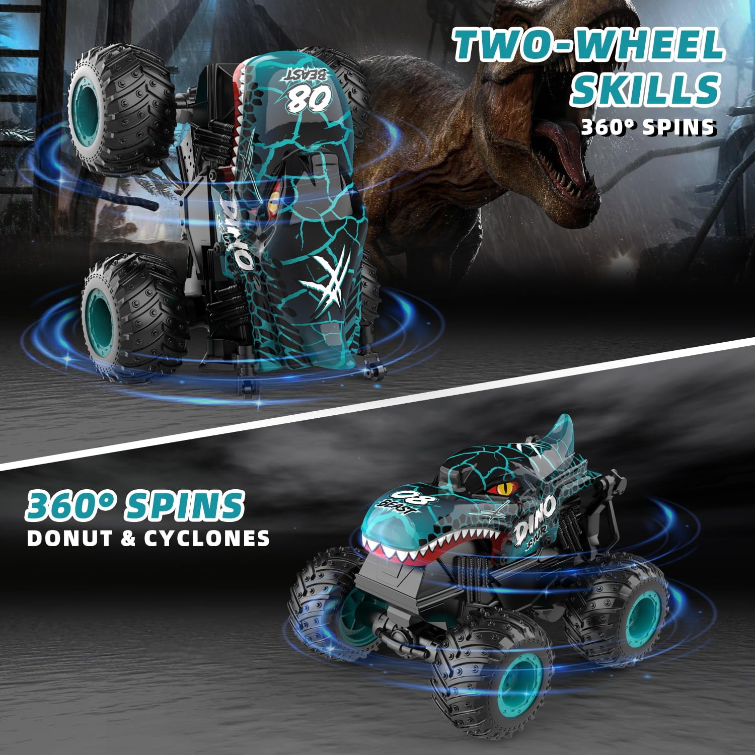 VKFVKF RC Monster Truck Toys, Remote Control Cars for Kids, 1:20 Dinosaur RC Cars with Light & Music,Stunt, 360° Spin, Walk Upright