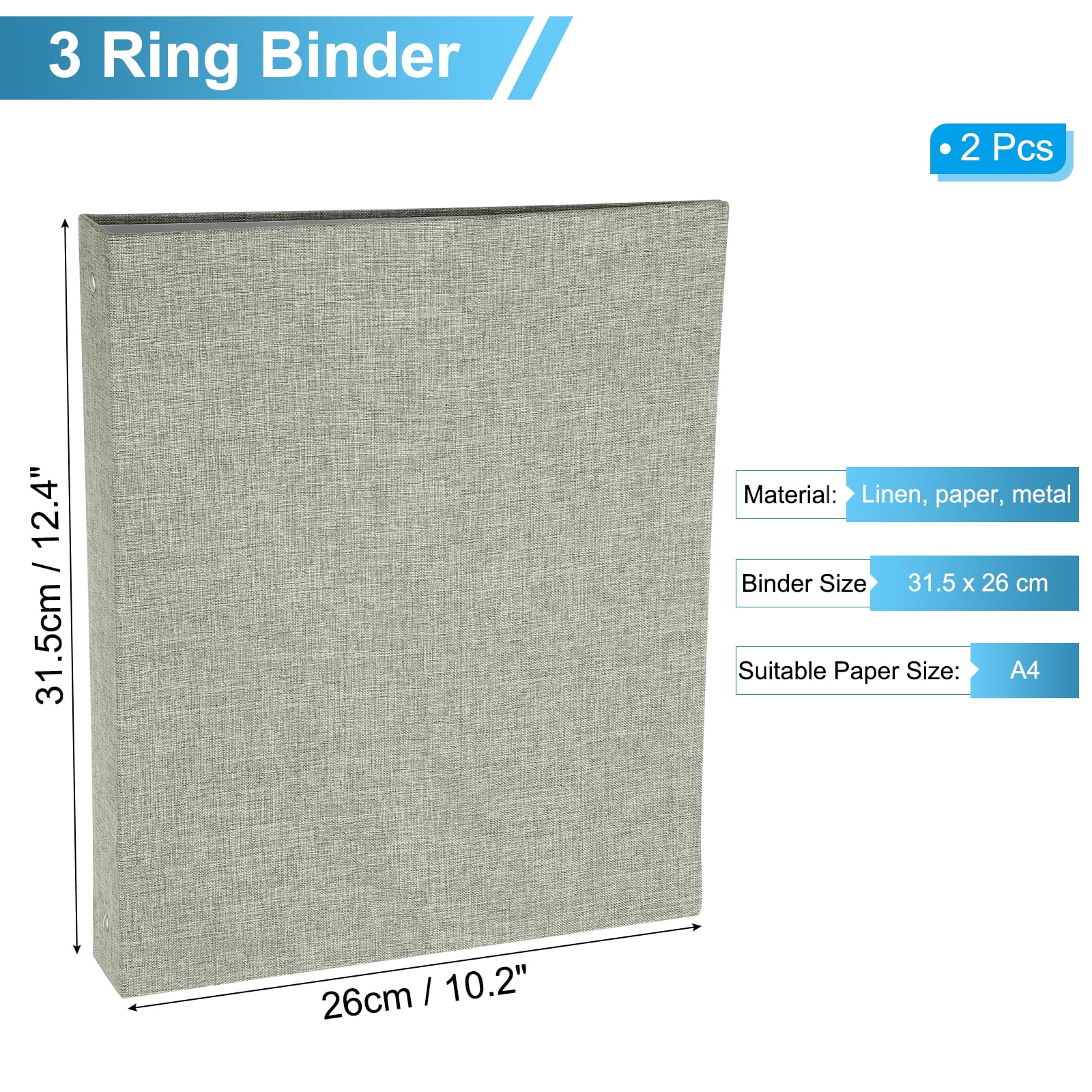 Uxcell 3 Ring Binder, 2 Pcs A4 Size Flexible Round Binder Big Capacity Linen Planner Binder for Business Home Classroom, Grey
