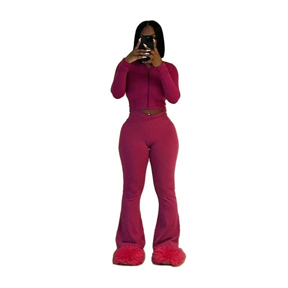 Women’s Stretchy Slim-Fit Two-Piece Outfit, Solid Color Long-Sleeve Top and Flare Pants Set, High-Waisted Bell-Bottom Trousers, Comfortable Casual Lounge Wear