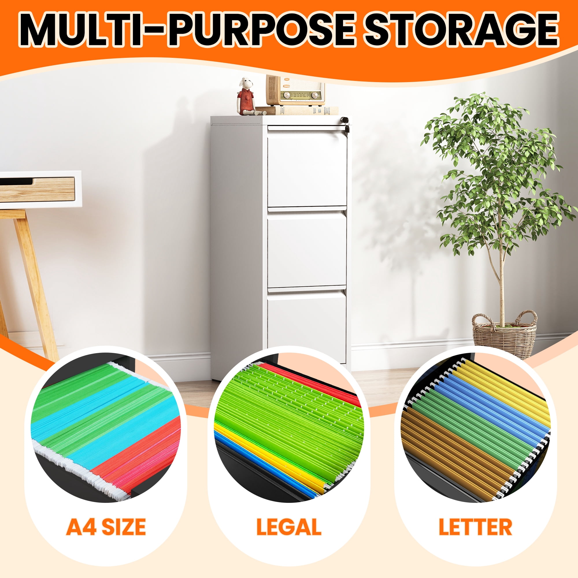 BIZOEIRON 3 Drawer Metal File Cabinet with Lock, Vertical Filing Cabinet for Hanging Legal/Letter Size Files, White