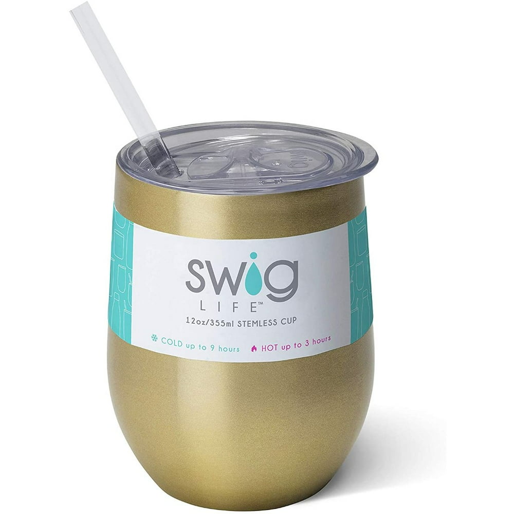 Gold Swig Life Stemless Cup With Straw 12 oz