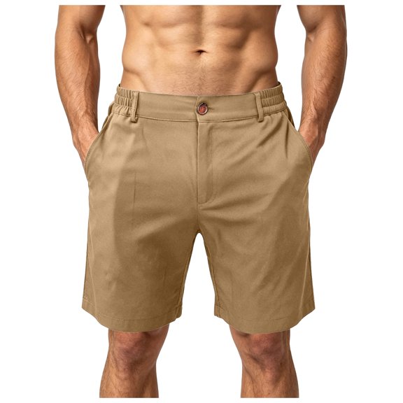 idosla Men's Cotton Chino Shorts Casual Elastic Waist Drawstring 7 Inch Summer Beach Golf Shorts with Pockets (Khaki, L)