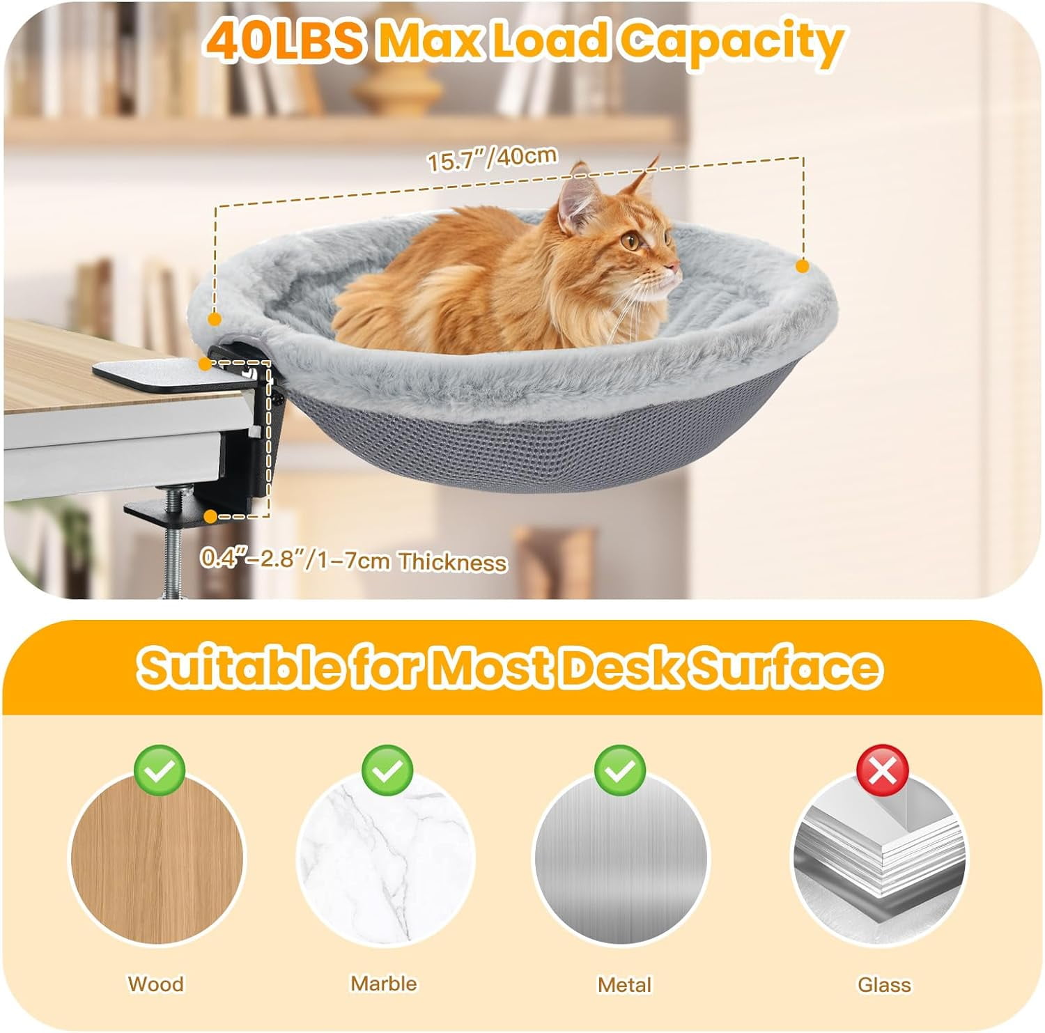 Pawaboo Cat Desk Bed, Sunken Cats Hammock with Steel Clamp Hold up to 40lbs, One-click Foldable Cat Side Table Beds with Soft Plush, Reversible & Washable Hanging Cats Bed for Game Office Home Deskto