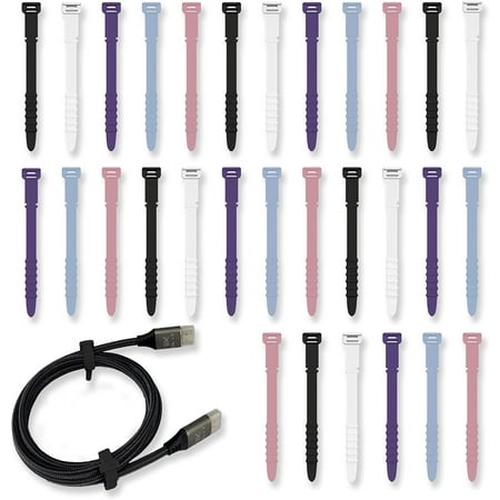 Reusable Cable Ties 4.5inch Silicone Cable Ties  30pcs Reusable Zip Ties Elastic Silicone Cord Organizer Straps Ties for Charging Cables USB Cables Earphones Cable Audio(11.3cm  30pcs  Cold-Color)