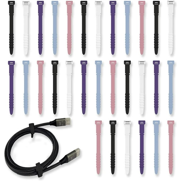 Reusable Zip Ties, 4.5" Silicone Zip Ties, 30pcs Rubber Cable Ties Straps for Wire Management, Elastic Cable Organizer for Home Office Table Desk Cord Ties(11.3cm, Black, White, Pink, Purple, Blue)
