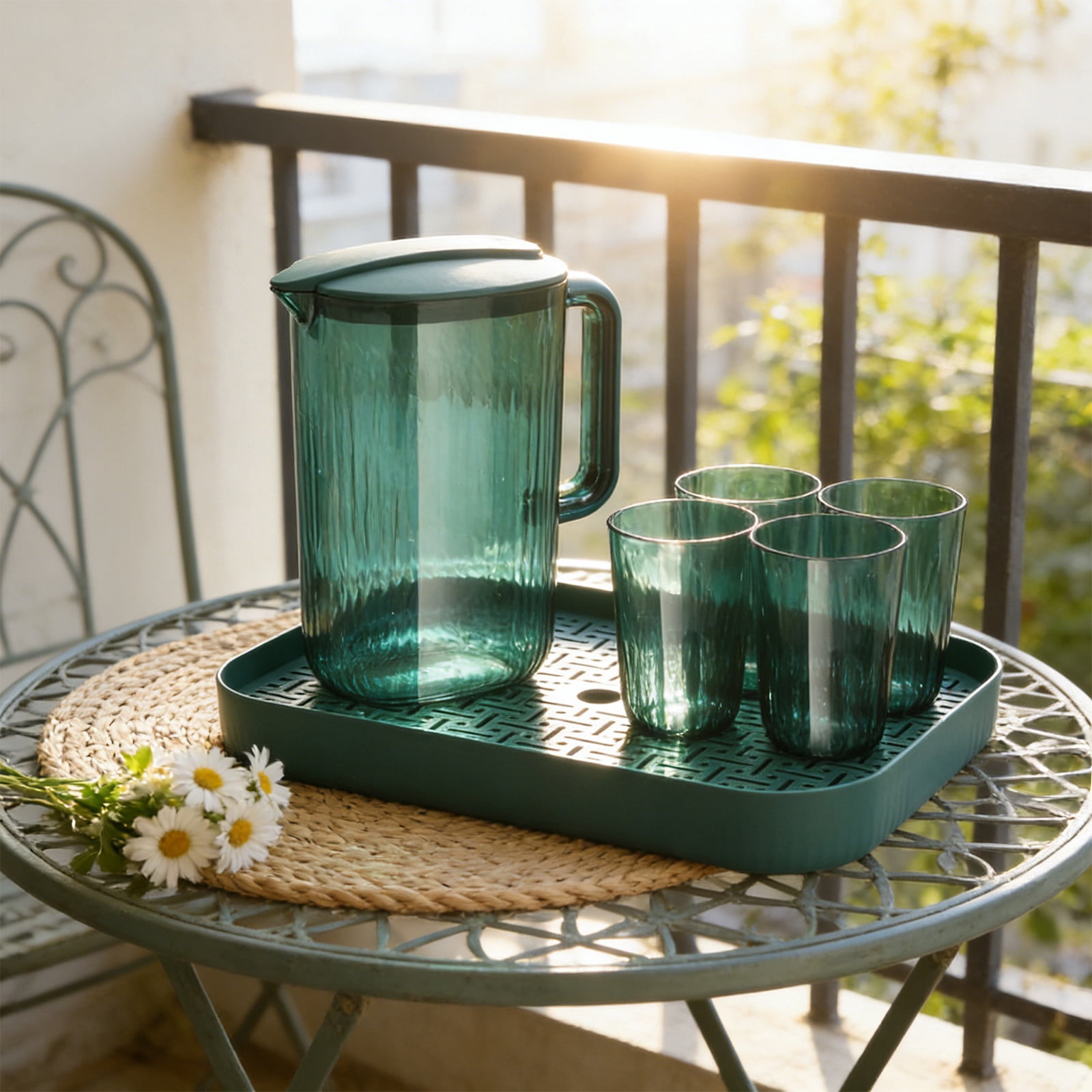 2000ML Large Capacity Cold Water Pitcher and Cup Tray Set Plastic Teapot and Fruit Tea Set Clear Beverage Jug with Drinking Utensils for Iced Tea Lemonade Party Barbecue Home Office