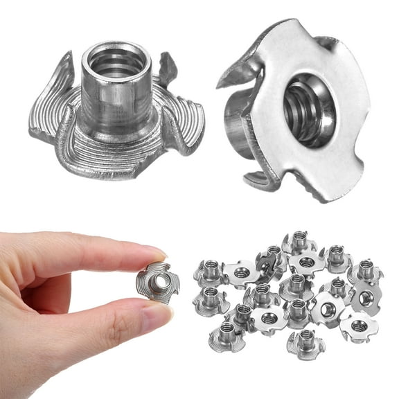 Uxcell 25-Pack 1/4-UNC T-nut, 6/16" Barrel Length Stainless Steel 4-Pronged Tee Nut Threaded Insert Corrosion Resistant Fasteners