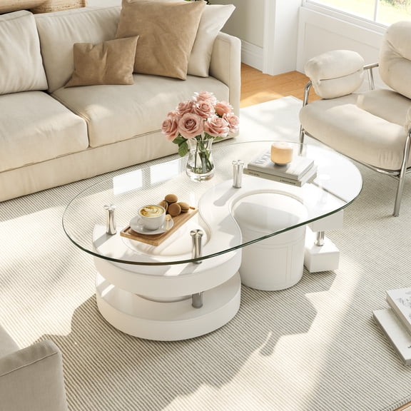 3 Pieces Coffee Table Set, 0.39" Tempered Glass Top and S Shape Base, Oval Modern Coffee Table with 2 Leather Stools, Accent Coffee Table for Living Room Bedroom