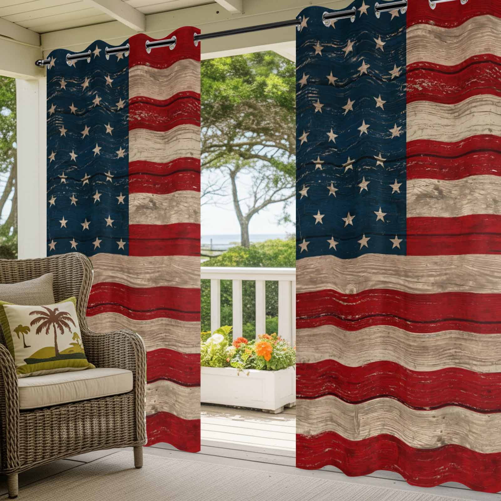 Independence Day Outdoor Curtains for Patio, Patriotic Red Blue American Flag Retro Wood Grain Waterproof Outside Curtains Privacy Blackout Curtain for Porch Pergola Cabana, 2 Panel 54W x 108L Inch