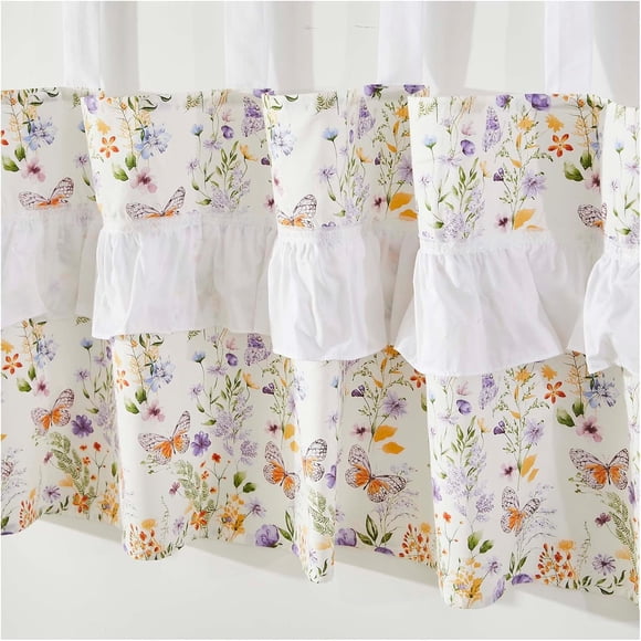 Brandream Window Valance Cotton Curtain for Baby/Toddler/Kid Bedroom Bath Laundry Living Room, Wildflower Butterfly Farmhouse Chic Decor Purple White