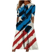 SOOMLON Womens 4th of July Dress Women Patriotic Dresses Stars Striped Clothes Independence Day Dress Pocket Print Dress V-Neck Short Sleeve Blue L