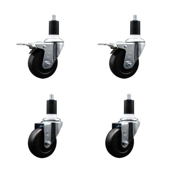 3.5 Inch SS Soft Rubber Swivel 1-1/2 Inch Expanding Stem Caster Set 2 Brakes