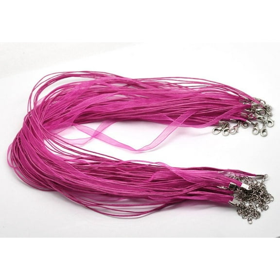 N032 - 15 pcs. Hot Pink Fuchsia Organza Ribbon Waxen Cord Necklaces with Lobster Clasp - 17 inch (43 cm) - Claw Clasps and Extender Chains!