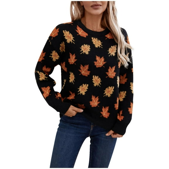 Women's Fall Leaf Print Sweater Batwing Sleeve Color block Crew neck Oversized Knit Pullover Top Black L