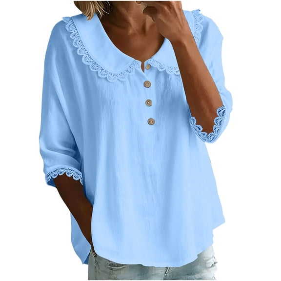 3/4 Length Sleeve Tops for Women with Button Collar Lace Trim Cute Casual Beach Shirts Summer Vacation Outfits (XL, Sky Blue)
