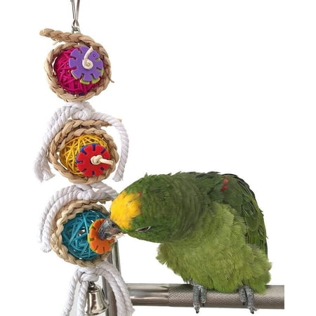 Bird Chew Bell Toy Natural Straw Rattan Colorful for Parakeet Cockatiel African Grey Quaker Cockatoo Lovebird Caique Amazon Budgie Cage Accessories