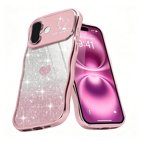 GJX for Iphone 16 Case for Women Girls Cute Curly Wavy Frame,Pink Love Heart Glitter Bling Camera Protection Sparkly Luxury Elegant Shockproof Cover Clear Wave Phone Case for Iphone 16 6.1"