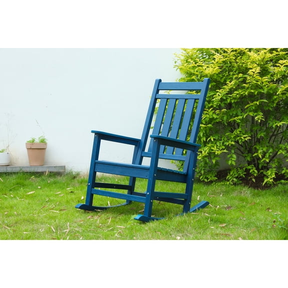 Miekor Furniture Oversized Rocking Chair with Wood-Texture, Outdoor Rocking Chair for Adults, All Weather Resistant Porch Rocker for Lawn Garden, Navy Blue 12687