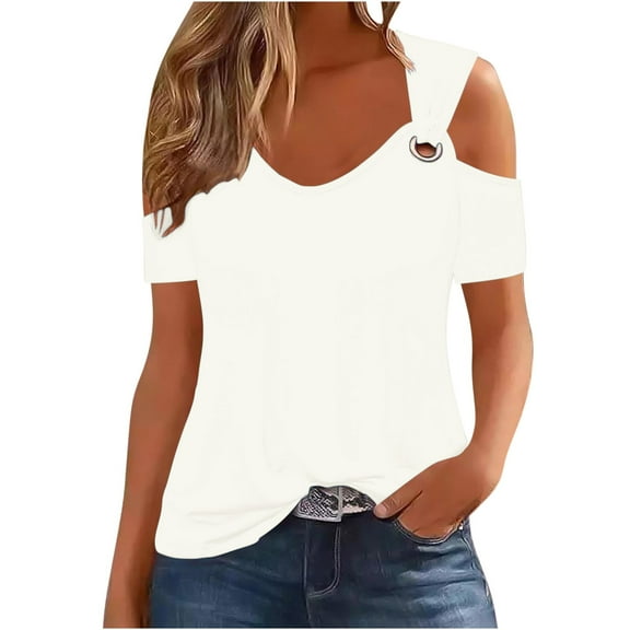 Women's Summer Sexy Cold Shoulder V-Neck Short Sleeve Pullover Blouse, Solid Color Casual Top, Stylish and Comfortable T-Shirt for Women, Ideal for Hot Weather, Versatile and Fashionable
